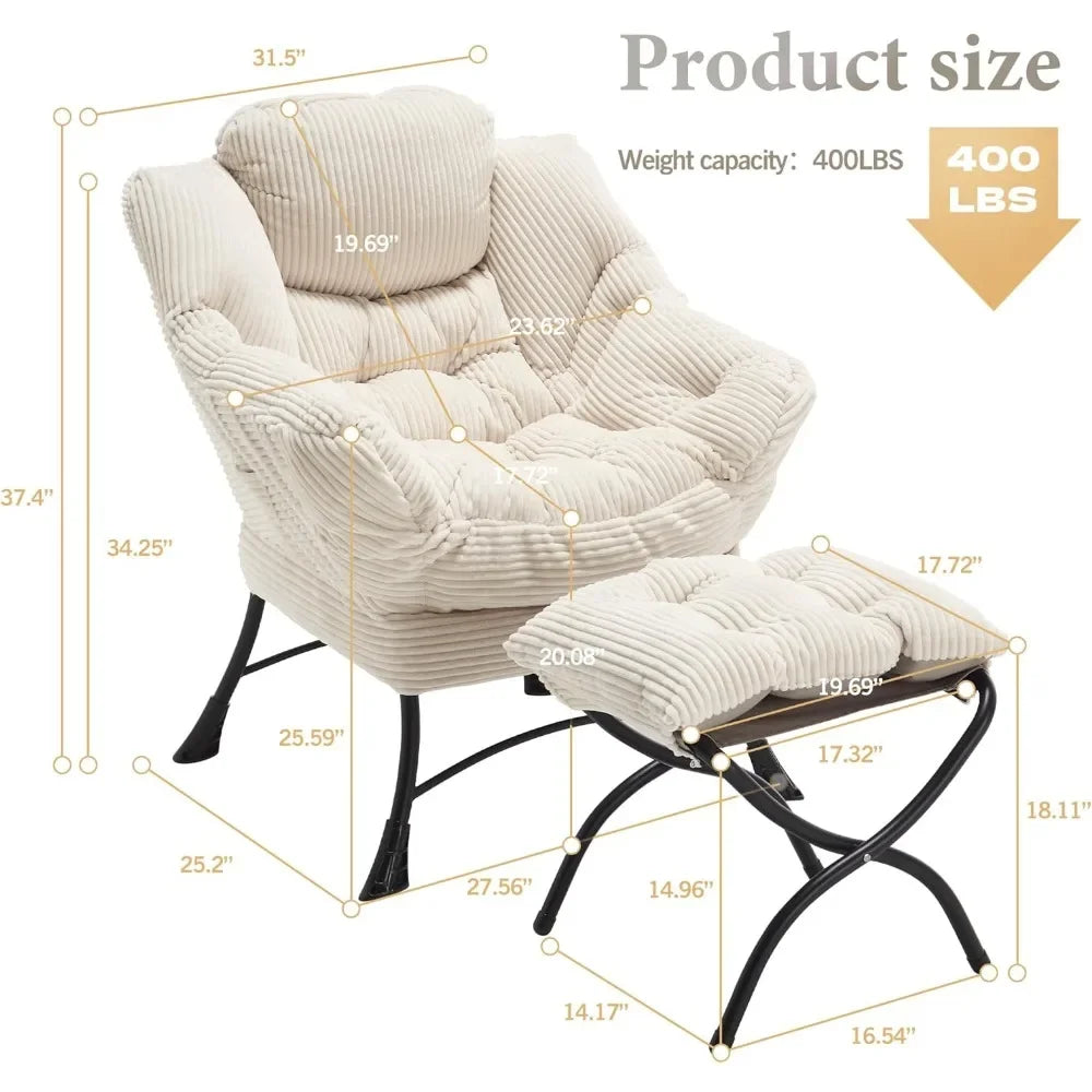 Lazy Chair with Ottoman Bedroom Chairs for Adults Modern Lounge Accent Chair with Armrests, Ergonomic Footrest for Small Spaces