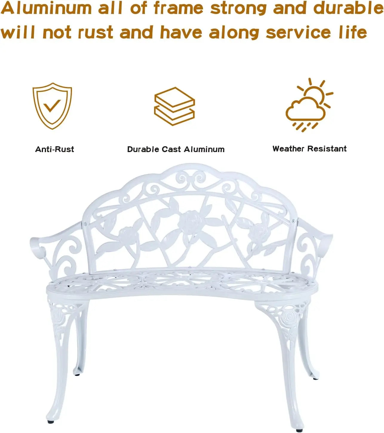 JARDIN DE CENTENNIAL Patio Garden Bench Metal Park Bench Cast Aluminum Outdoor Furniture with Floral Rose for Patio,Park,Lawn,Ya