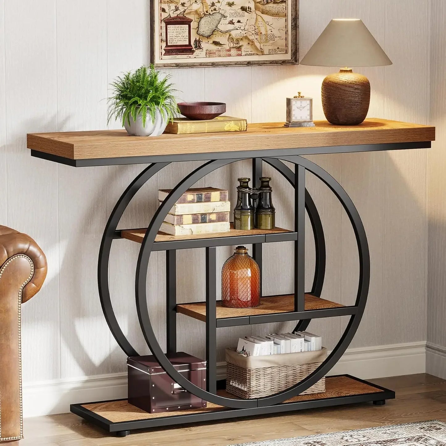 Console Table, Industrial 4-Tier Sofa Table Entryway Table with Circle Base, Narrow Wood Accent Tables with Storage Shelves