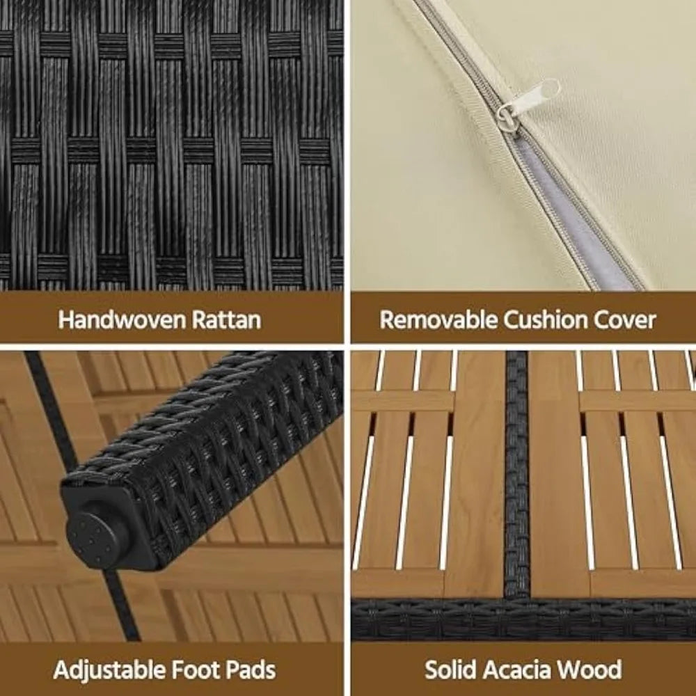 7 Piece Patio Furniture Set, Outdoor Dining Acacia Wood Table Top Rattan Conversation Set with Soft Cushions, 6 Chairs & 1 Tabl