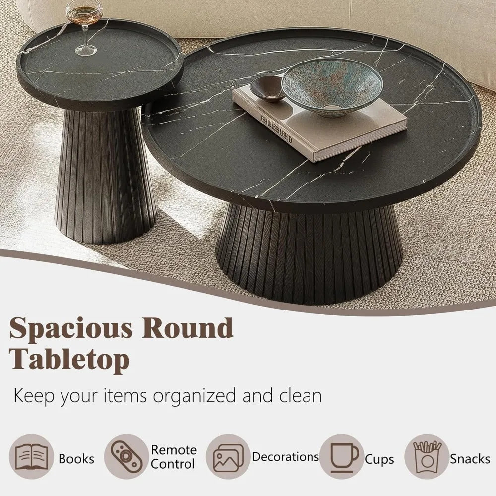 Nesting Coffee Table Set of 2, Mid Century Modern Coffee Table with Marble Veneer, Fluted Round Tea Table and End Table Set, Mi