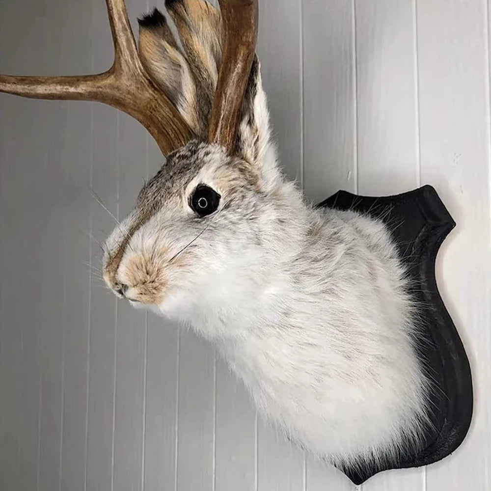 Decorative Antlers Rabbit Head Statue Home Decors 3D Abstract Sculpture Wall Hanging Pendant Animal Statues Room Mural Art Craft