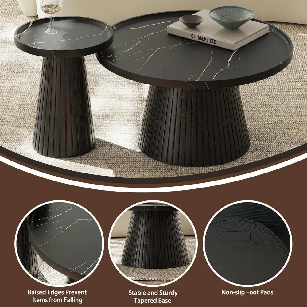 Nesting Coffee Table Set of 2, Mid Century Modern Coffee Table with Marble Veneer, Fluted Round Tea Table and End Table Set, Mi
