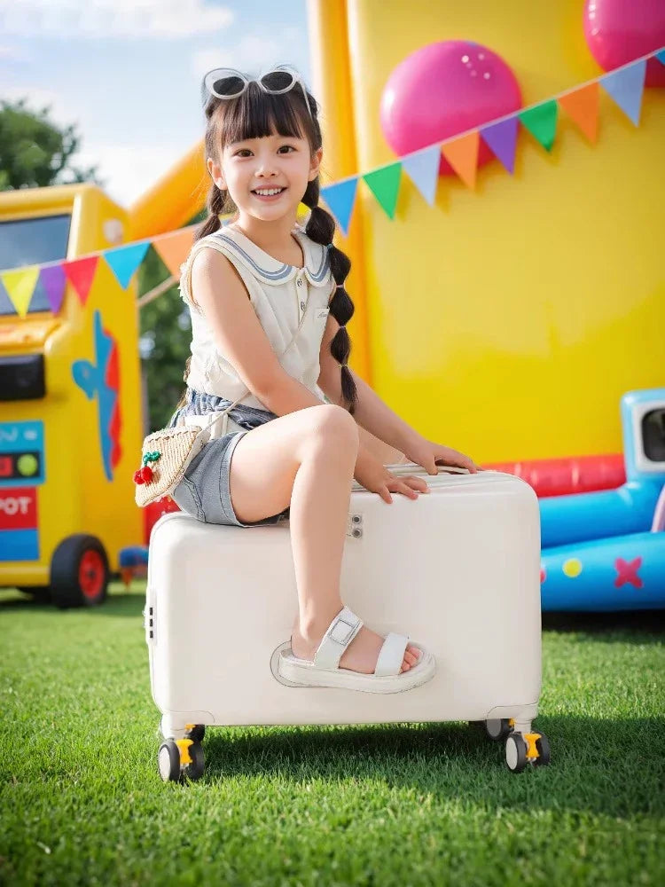 2025 New Children's Luggage Can Sit and Ride Suitcase Trip Cabin Carry-on Wooden Horse Trolley Case Brake Wheels Kids Suitcases