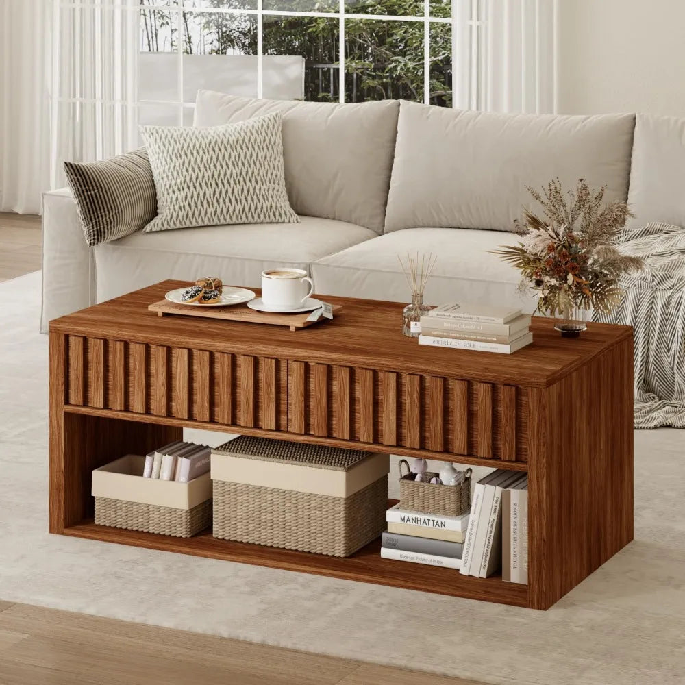 Wood Coffee Table with Storage, Coffee Table Fluted Drawers and Open Storage Space, Mid Century Center Table for Living Room