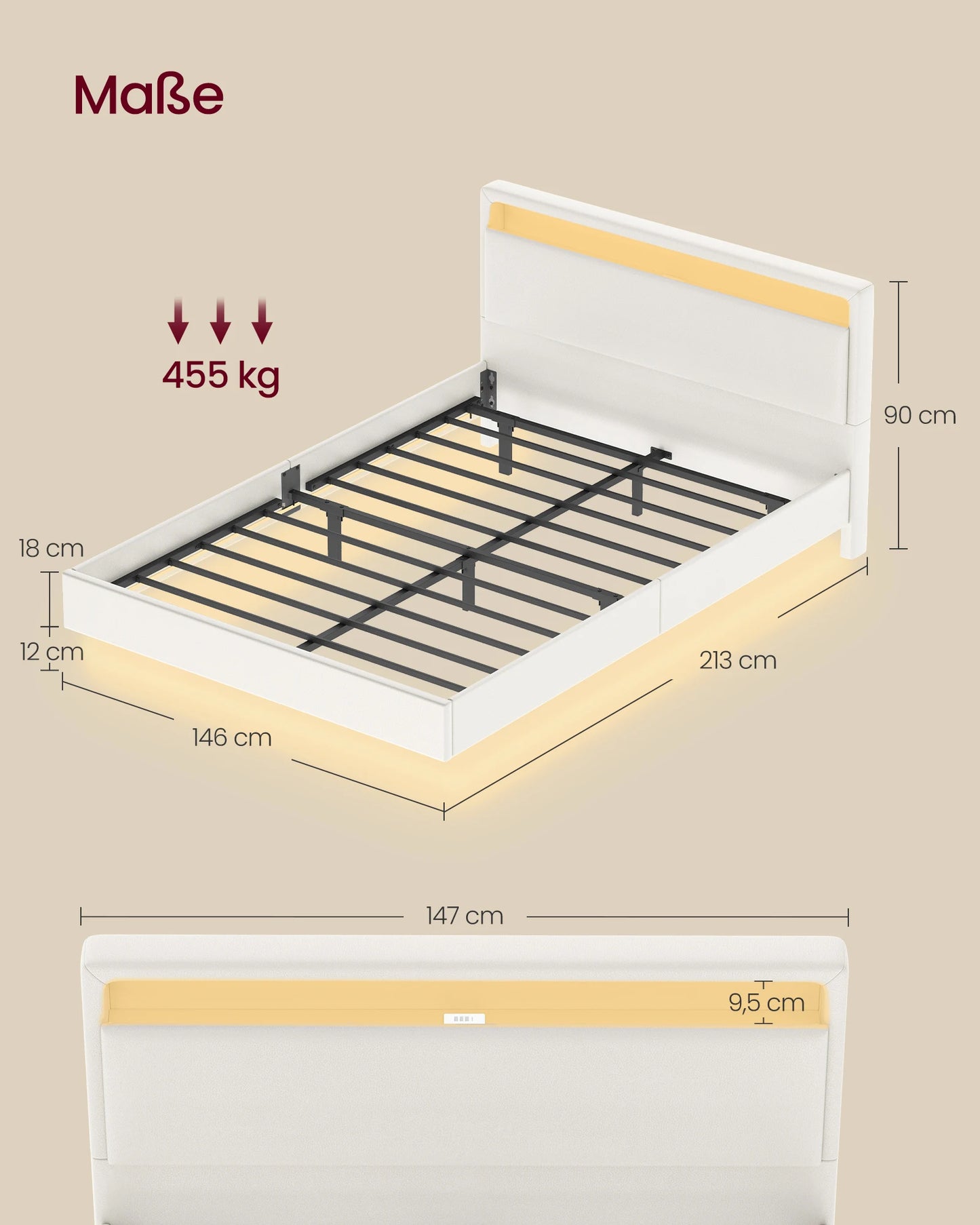 VASAGLE Upholstery bed bed frame double bed frame (floating visual effect