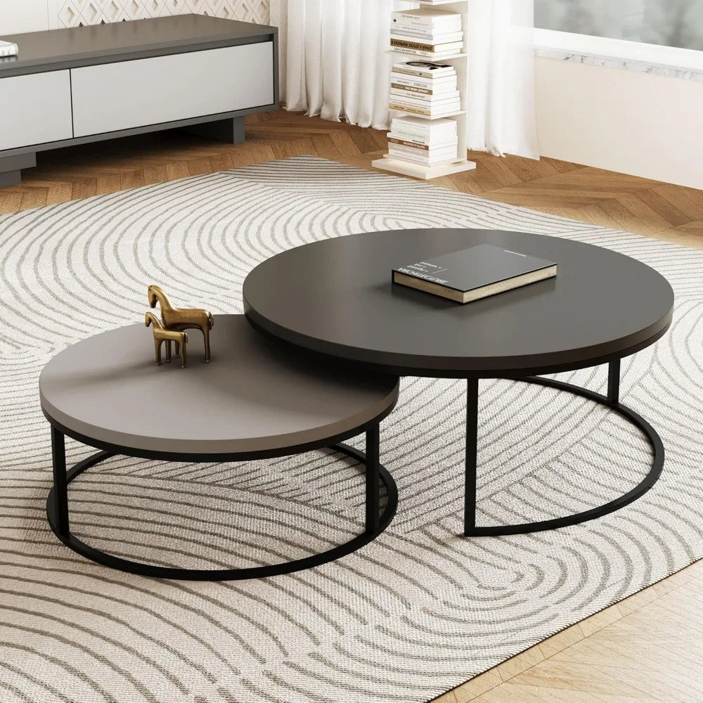 Modern Round Coffee Table Set, Nesting Cocktail Tables with Black Metal Legs, Dark Gray/Light Gray, Easy Assembly