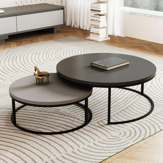 Modern Round Coffee Table Set, Nesting Cocktail Tables with Black Metal Legs, Dark Gray/Light Gray, Easy Assembly
