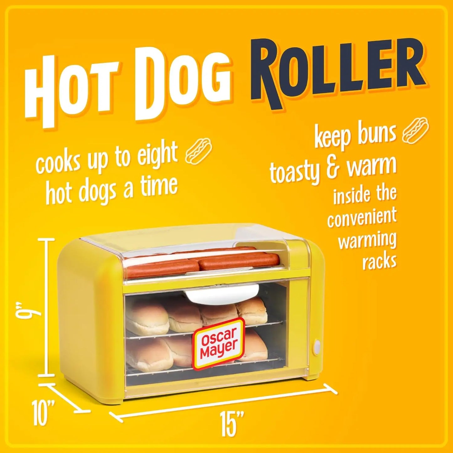 Oscar Mayer Extra Large Countertop 8 Hot Dog Roller and Bun Toaster Oven - Stainless Steel Rollers and Non-stick Warming Racks