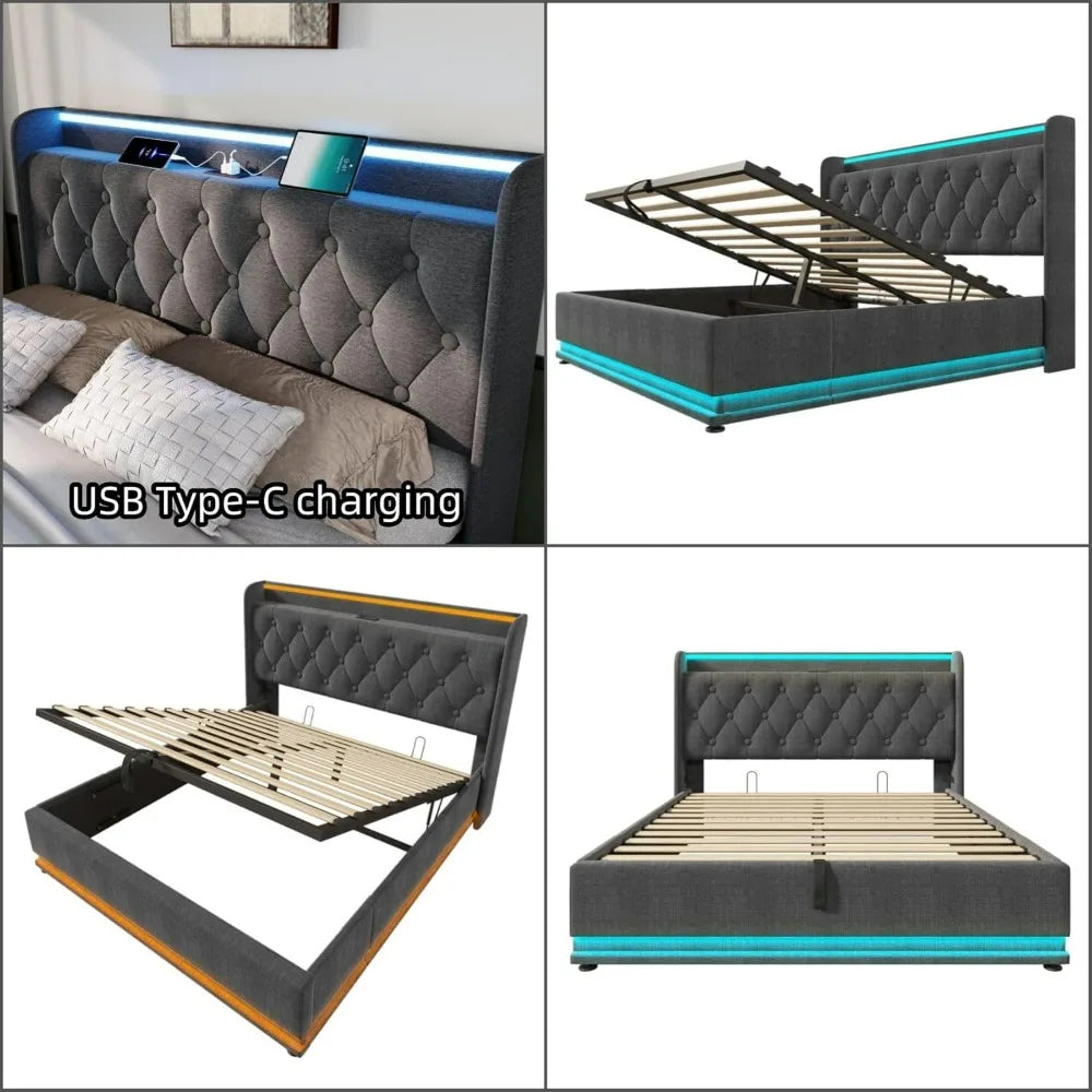 Lift Up Storage Bed Frame with 360 Surround LED Lights, Buttons, Apps or Remote Control, Upholstered Headboard Platform, Bed