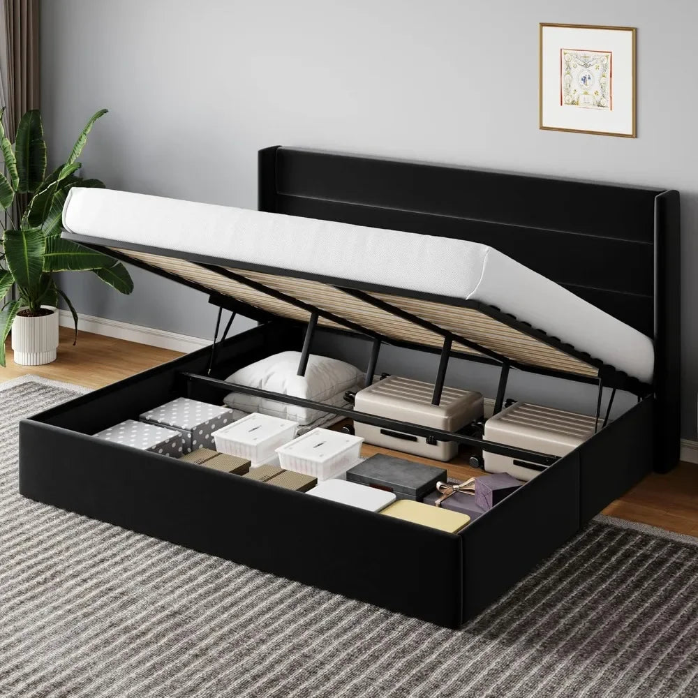 Queen Size Lift Up Storage Bed with Wingback Headboard,Velvet Upholstered Platform Bed Frame Noise-Free,Black,Bed Frames