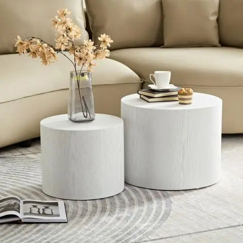 Nesting Coffee Table Set of 2, Modern Round Coffee Table with Non-Slip Feet, Walnut Wooden Circle Accent Tables for Small Spaces