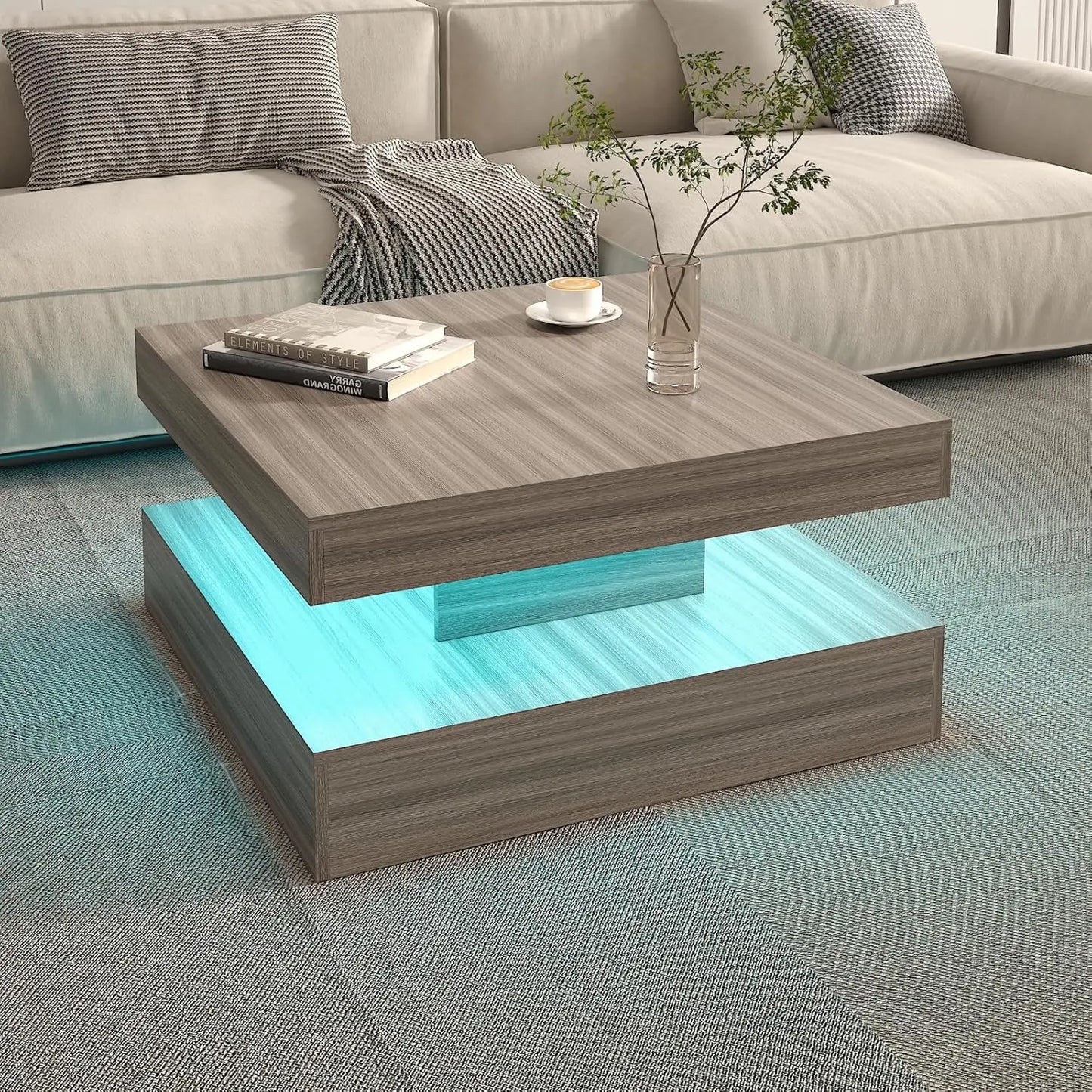 LED Coffee Table for Living Room, Living Room Table 2-Tier Square Middle Center Table, Modern Coffee Tables with Storage