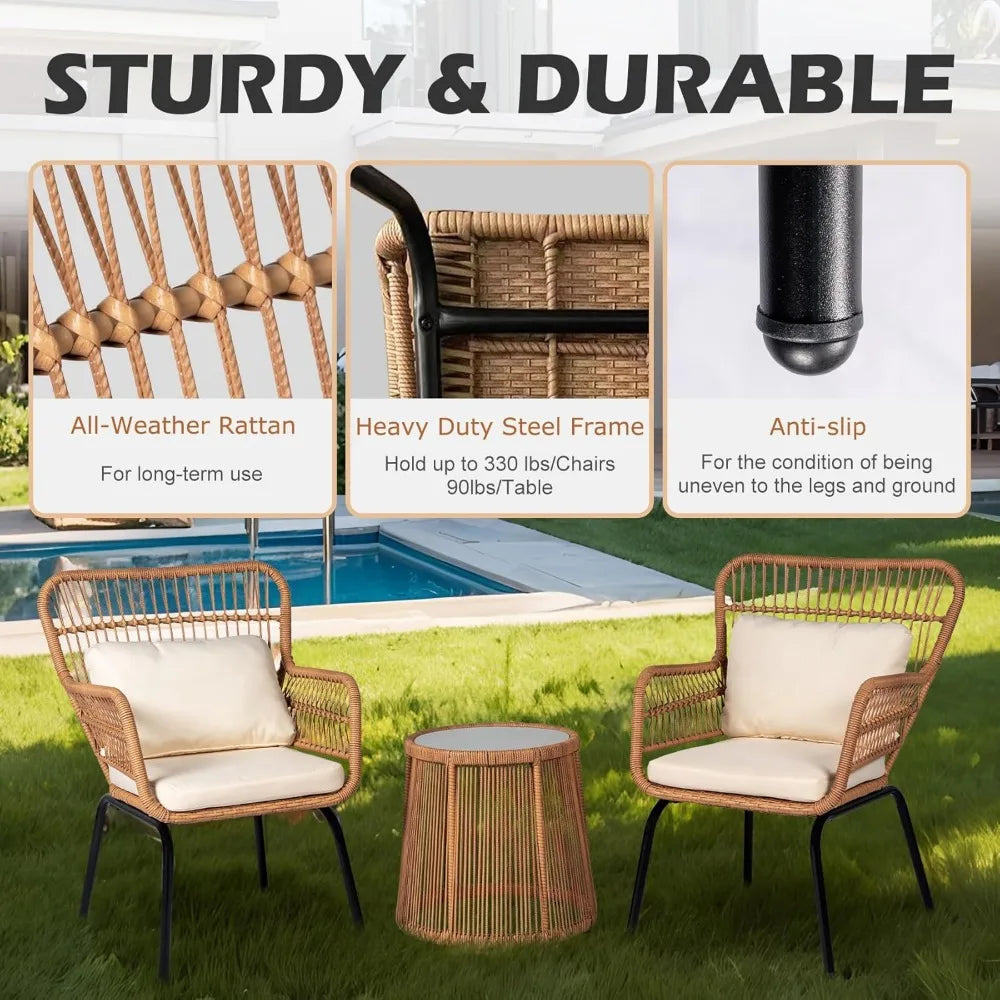 3 Piece Outdoor Wicker Furniture Bistro Set, Rattan Chairs Conversation Sets Porch Chair, Wicker Patio Furniture for Balcony Poo