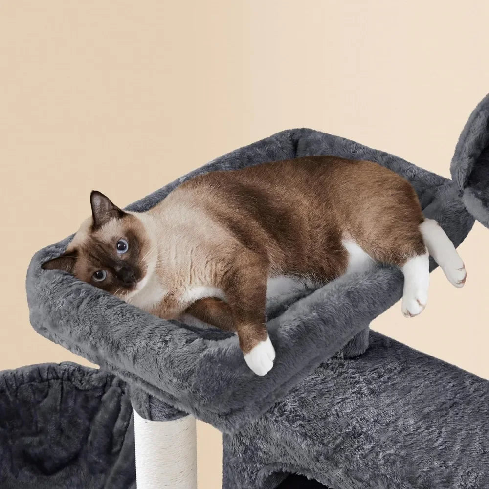 64.5in Extra Large Multi-Level Cat Tree Kittens Play House Condo with Platform, Perch Hammock & Scratching Posts, Dark Gray