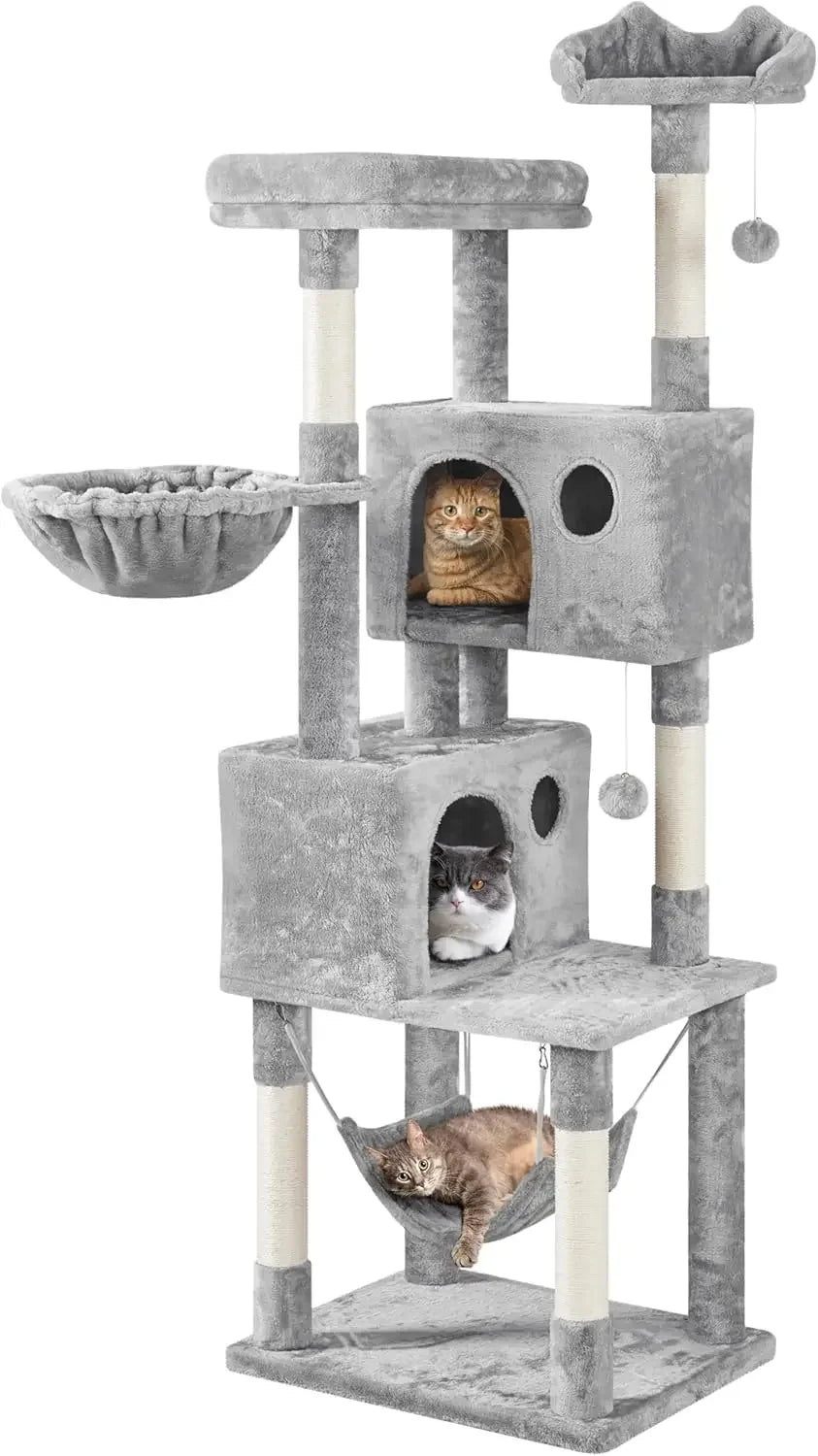 64.5in Extra Large Multi-Level Cat Tree Kittens Play House Condo with Platform, Perch Hammock & Scratching Posts, Dark Gray