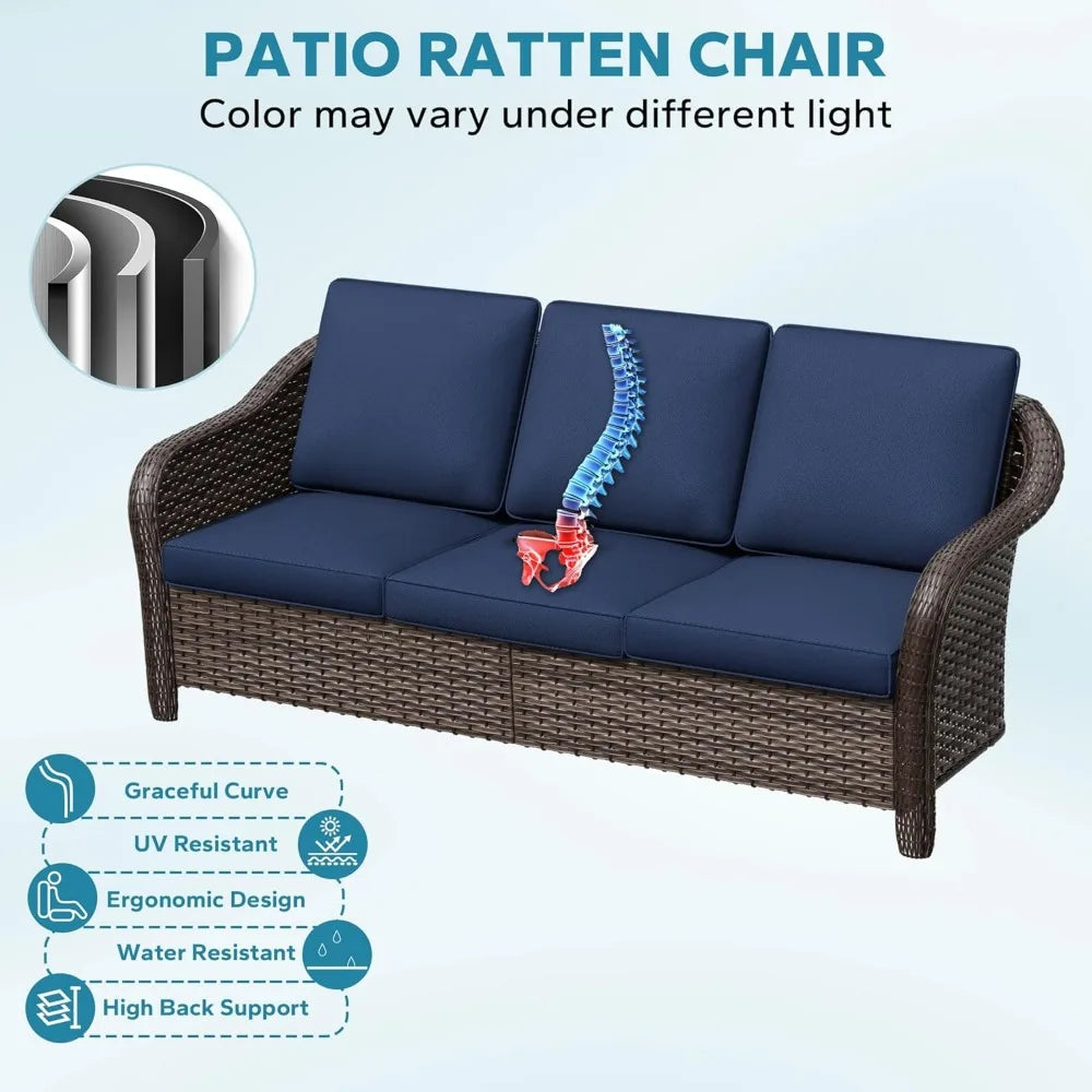 78" Wicker 3-seat Sofa, Outdoor Conversation Furniture, All-Weather Rattan Couch, Steel Frame Couch with Cushions for Garden, Po