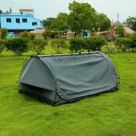 No setup required - quick-opening outdoor folding sleeping bag tunnel tent for camping and outdoor recreation.