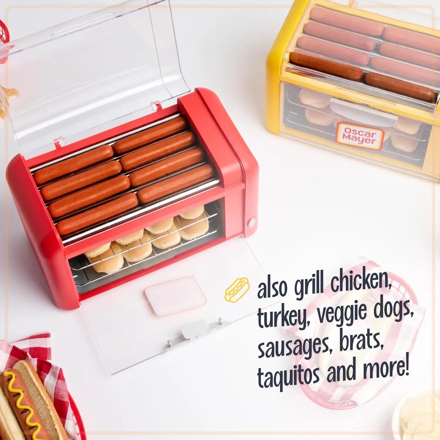 Oscar Mayer Extra Large Countertop 8 Hot Dog Roller and Bun Toaster Oven - Stainless Steel Rollers and Non-stick Warming Racks