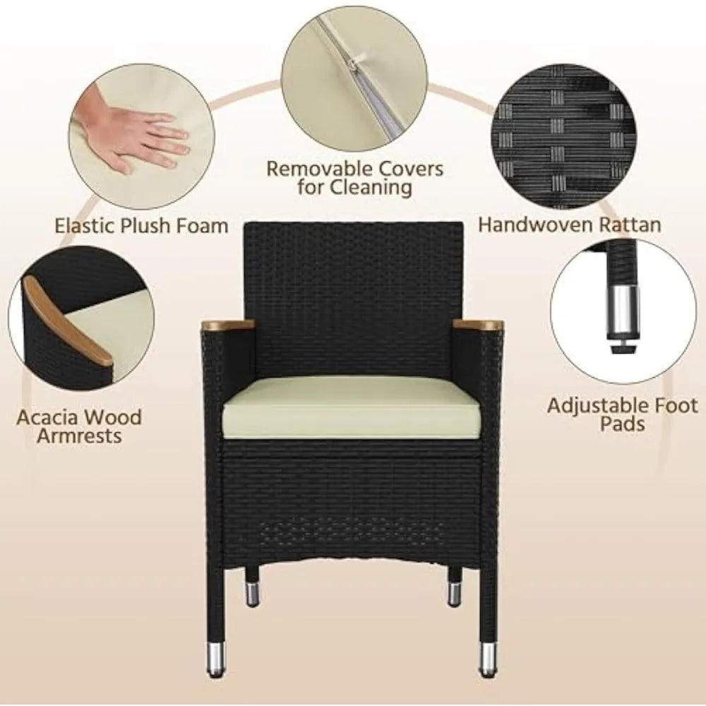 7 Piece Patio Furniture Set, Outdoor Dining Acacia Wood Table Top Rattan Conversation Set with Soft Cushions, 6 Chairs & 1 Tabl