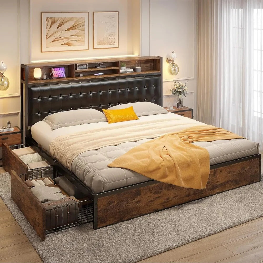 King Bed Frame with 4 Storage Drawers and Headboard, Bed Frame with Storage & Charging Station, No Box Spring Needed, Bed Frame