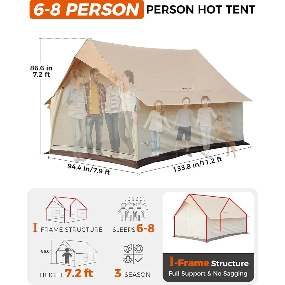 Durable Family Canvas Tent with Stove Jack 11x8ft Easy Setup Waterproof 4-Season Outdoor Camping Hunting Tent