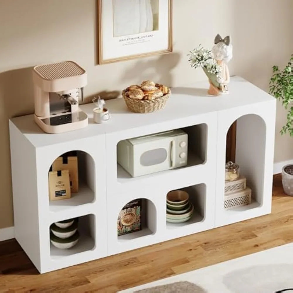 59" White Console Table, Modern Entryway Table, Wooden Storage Organizer Entrance Table with 6 Compartments, Long Sof