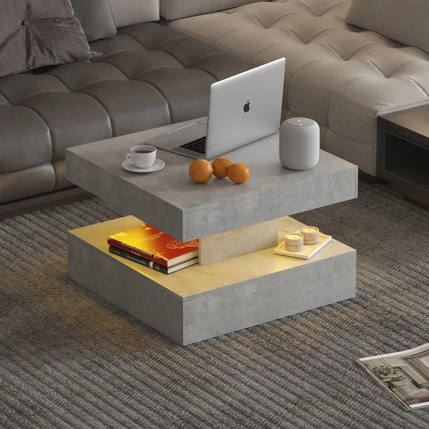 LED Coffee Table for Living Room, Living Room Table 2-Tier Square Middle Center Table, Modern Coffee Tables with Storage
