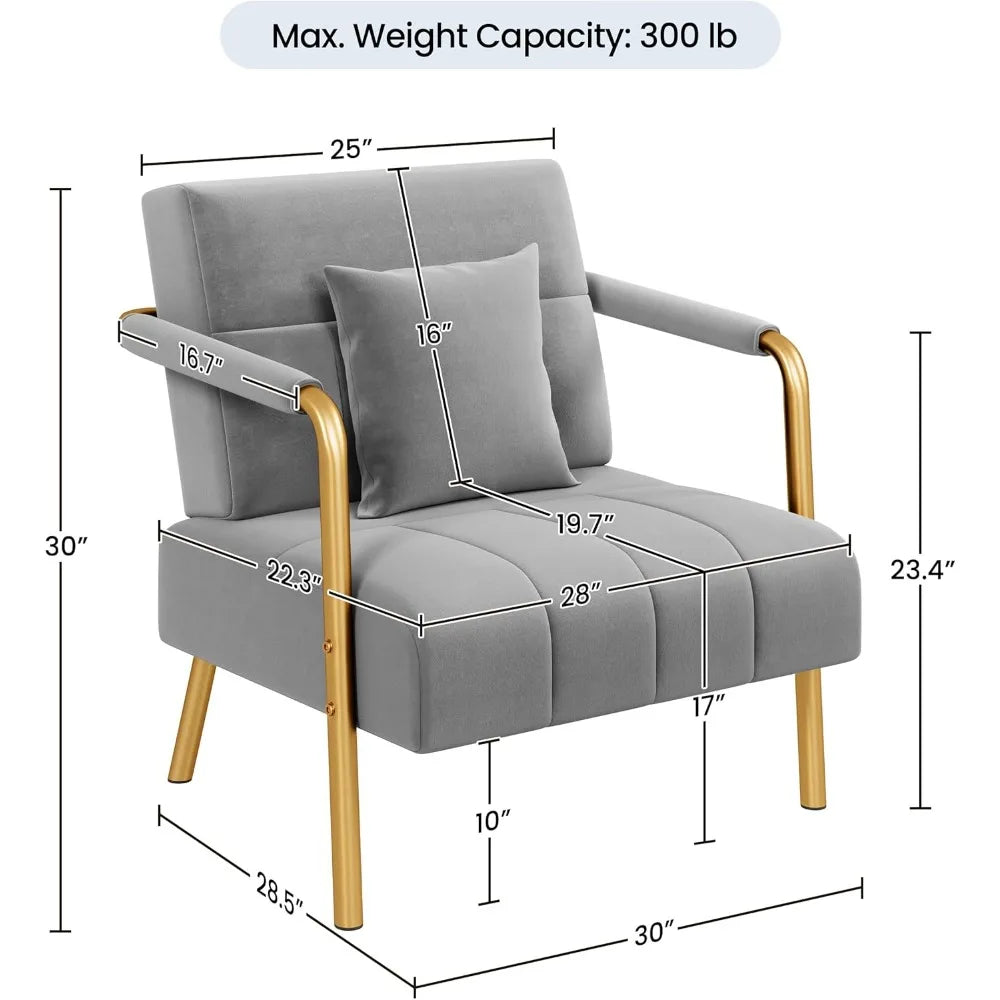 30" W Accent Chair Velvet Oversized Armchair Living Room Chair with Golden Frame & Cozy Pillow for Living Room, Light Gray