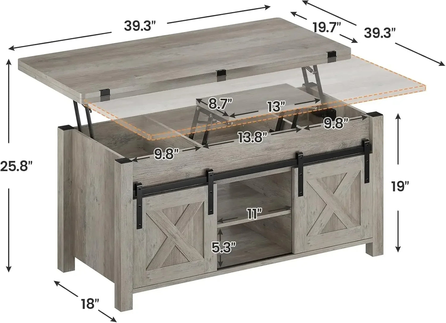 Storage and Hidden Compartment, Farmhouse Coffee Table Converts to Dining Table for Living Room, Grey