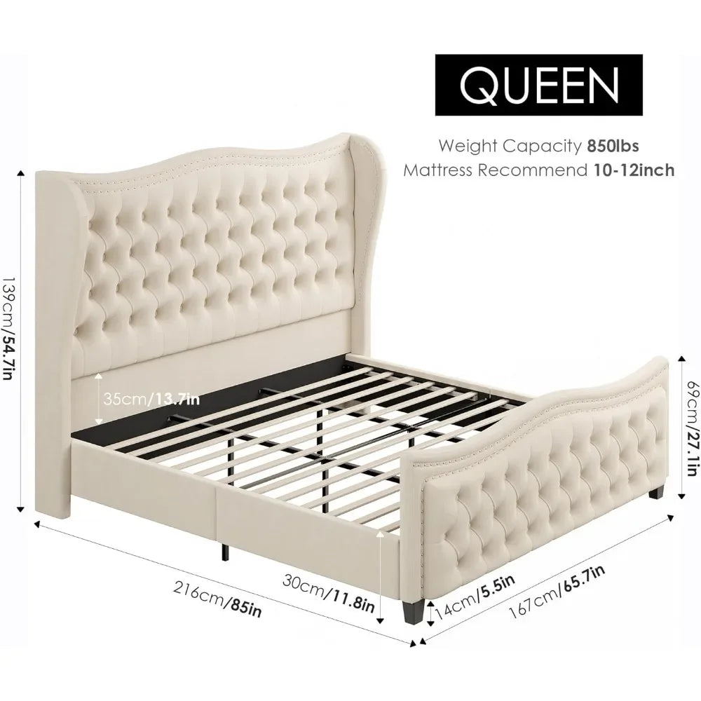 Queen Bed Frame, 55" Headboard Upholstered Bed with Tall Footbaord, Velvet Handmade Pleats Deep Button Tufted Wingback Platform