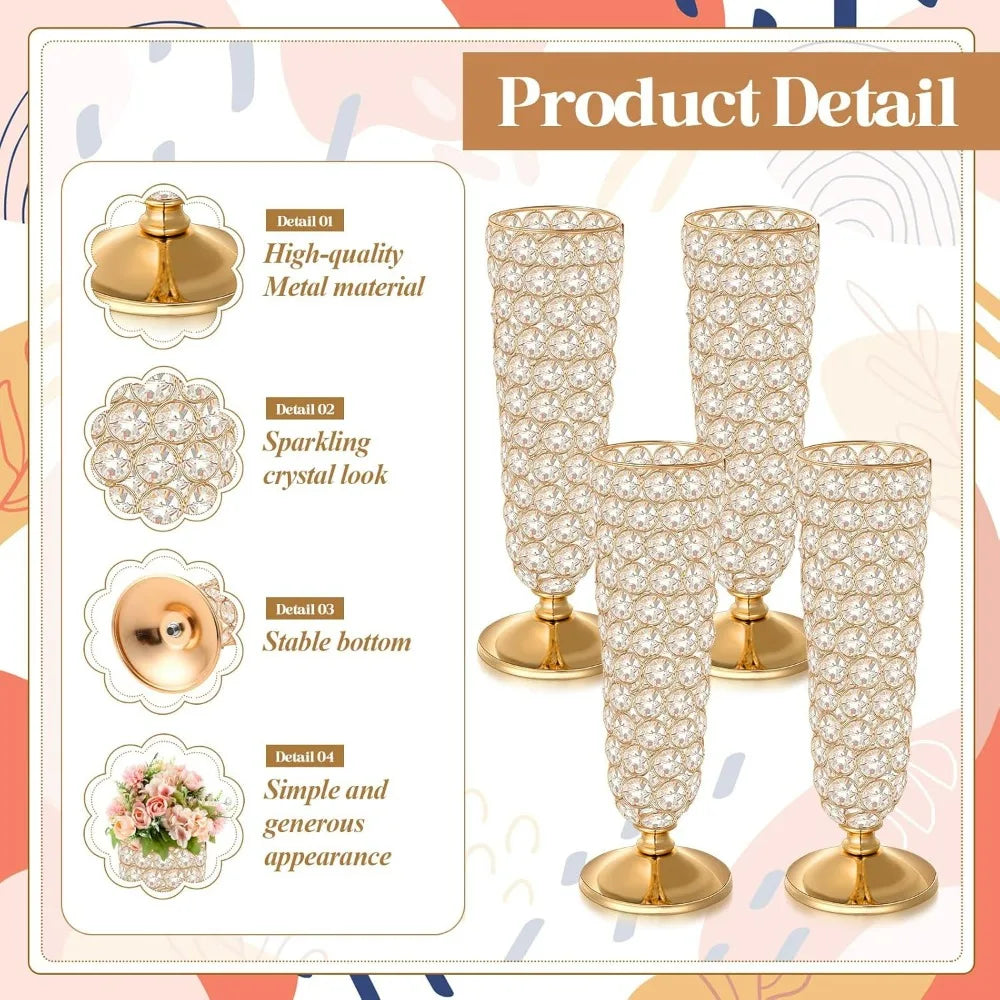 4 Pcs Crystal Trumpet Flower Vase, 12 Inch Tall Wrought Iron Crystal Vase Flower Stand Centerpieces Wedding Table Decor for Home