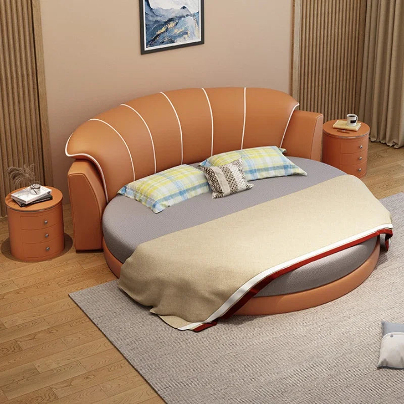 Princess Leather Luxury Double Bed Modern Loft Adults White Queen Round Bed Frames Mattress Camas De Dormitorio Home Furniture