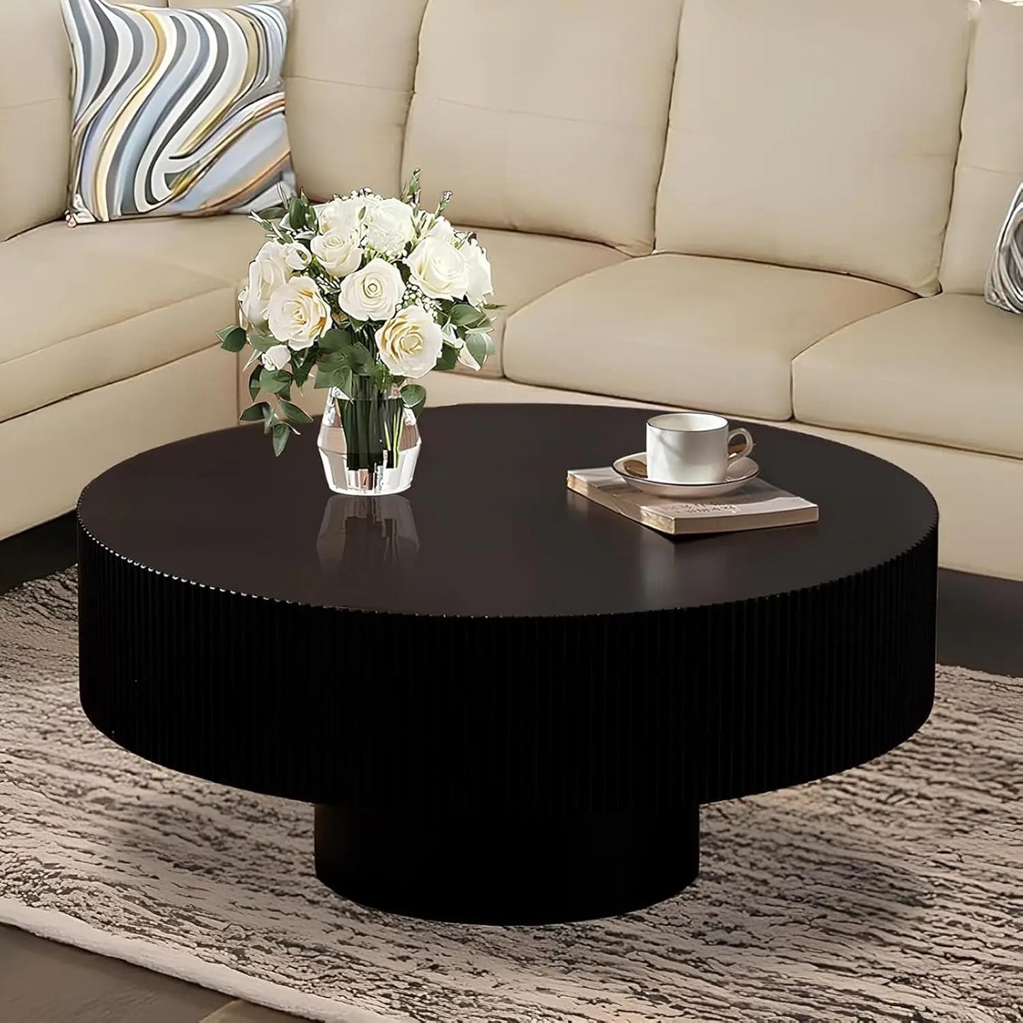 Modern Fluted Drum Coffee Table with Handcraft Embossed Edge Design & Stable & Sturdy Pedestal
