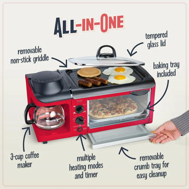 3-in-1 Breakfast Station - Includes Coffee Maker, Non-Stick Griddle, and 4-Slice Toaster Oven - Versatile Breakfast Ma