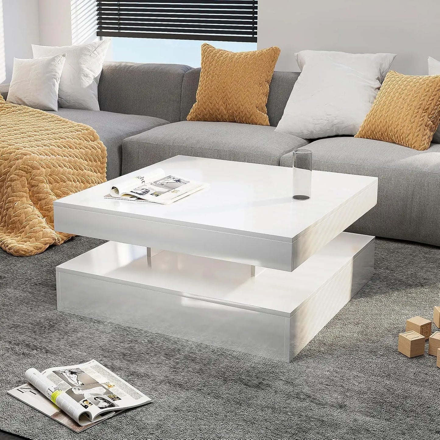LED Coffee Table for Living Room, Living Room Table 2-Tier Square Middle Center Table, Modern Coffee Tables with Storage