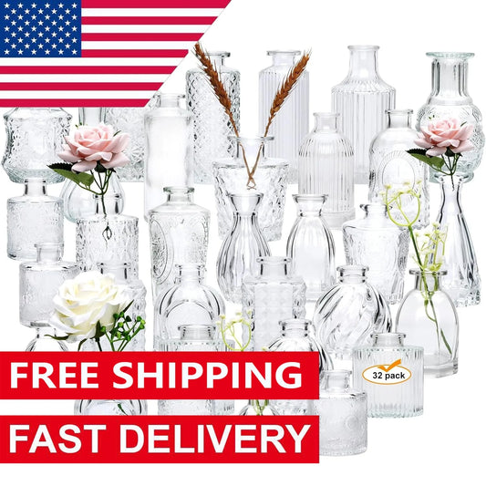 Set of 32 Bud Vases for Flowers, Small Vintage Glass Bottles for Rustic Wedding Centerpieces and Home Decor
