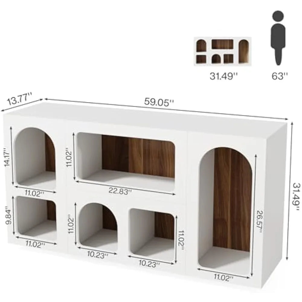 59" White Console Table, Modern Entryway Table, Wooden Storage Organizer Entrance Table with 6 Compartments, Long Sof