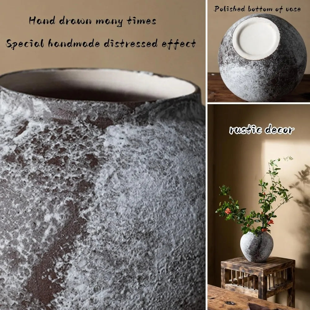 Rustic Large Ceramic Vase, Terracotta Pottery Tall Decorative Vases, Antique Big Vase for Home Decor (Round 8.6 in X 8 in) Vases