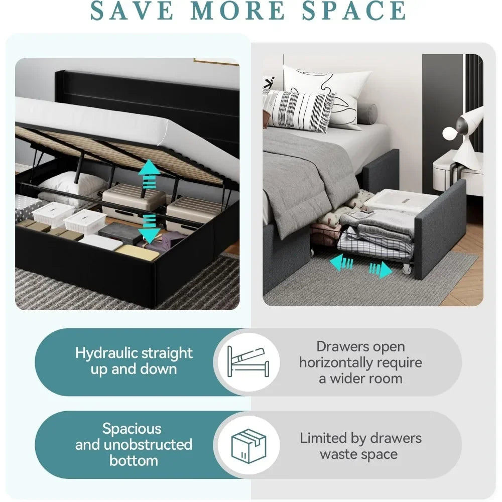 Queen Size Lift Up Storage Bed with Wingback Headboard,Velvet Upholstered Platform Bed Frame Noise-Free,Black,Bed Frames