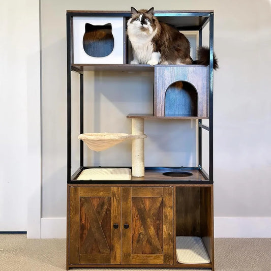 Cats Litter Box Enclosure Hidden Cat Litter Box Furniture with Cats Tree Wooden Cat House Indoor with Cats Cave, Scratching Post