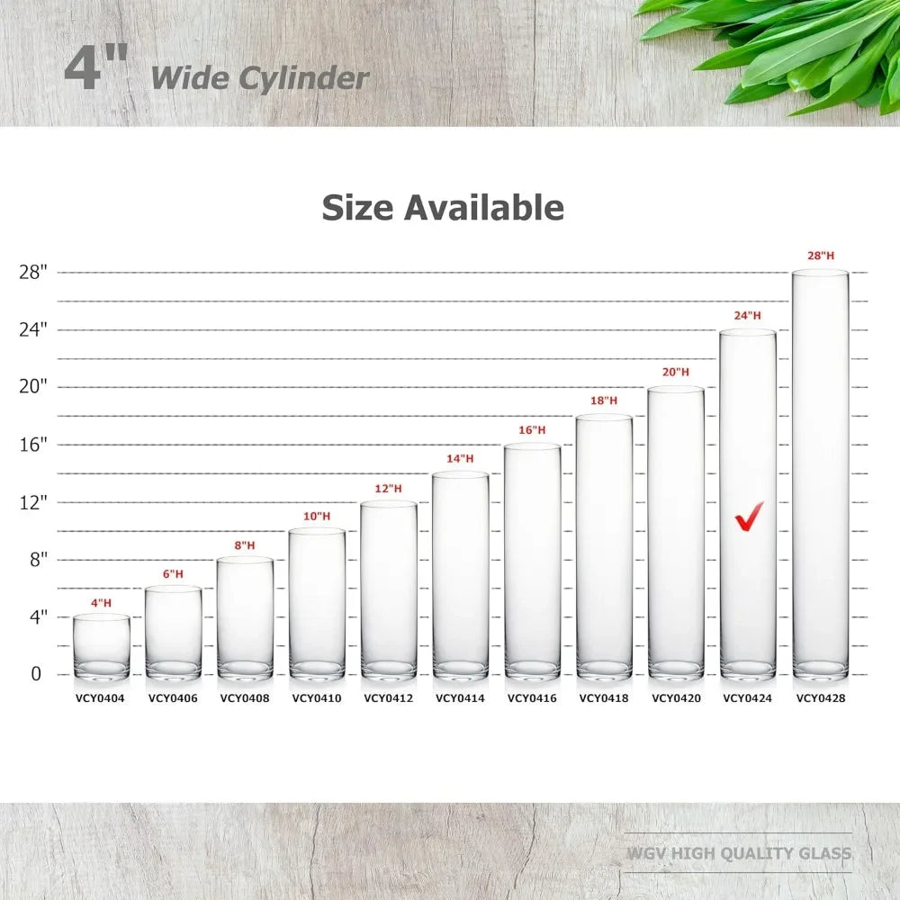 Highly transparent cylindrical glass vase, 4 inches wide x 24 inches high, featuring decorative floral tabletop displays