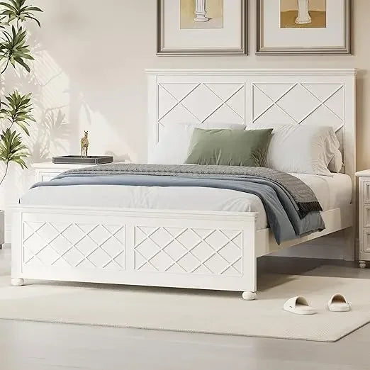 Queen Size Platform Bed with Tall Headboard  Footboard, Pinewood King Bed Frame with Wood Panel Bed Base,White,Bed Frames