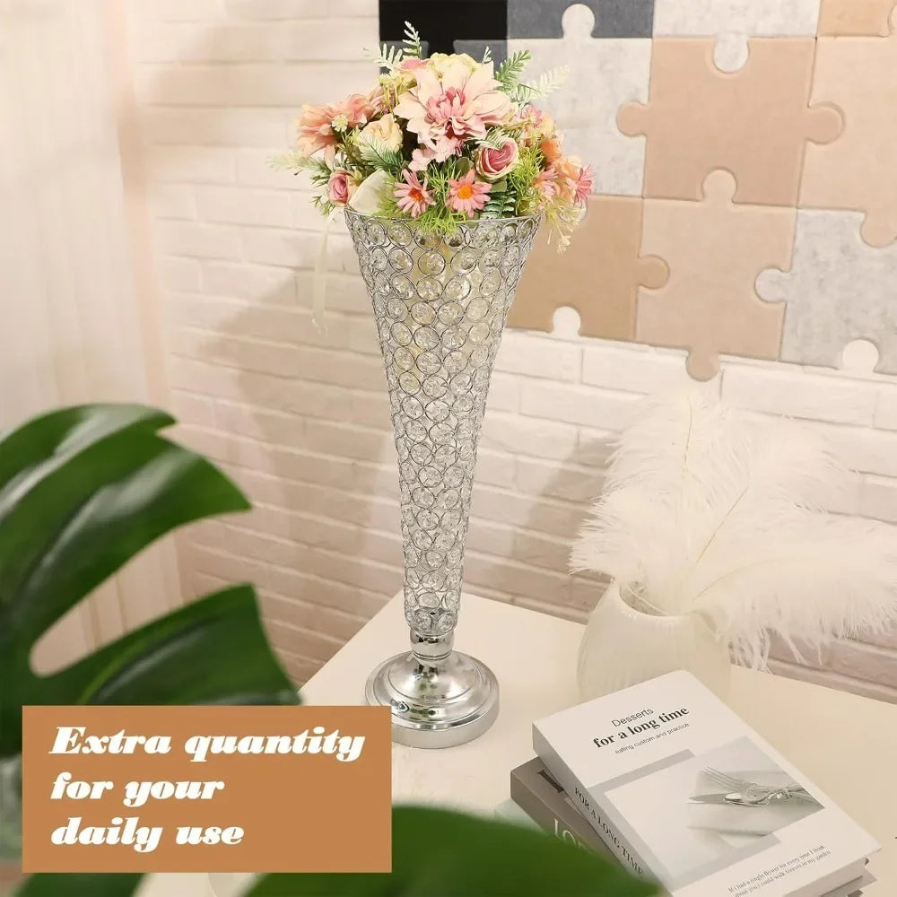 4 Pcs Crystal Trumpet Flower Vase 20 Inch Tall Wrought Iron Crystal Vase Flower Stand Centerpieces Wedding Table Decor for Home