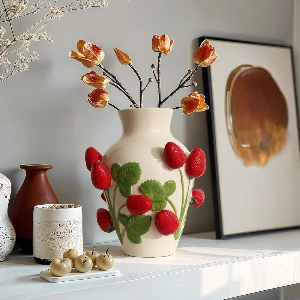 Unique Ceramic Flower Vase,Modern Decorative Pottery Vases for Dining Table Living Room Decor,Ivory with Red Strawberries