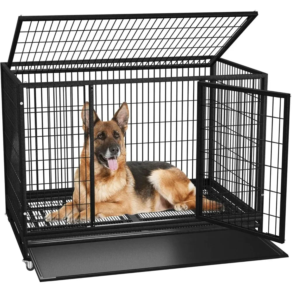 Dog Crate Cage Kennel for Large Dogs, High Anxiety Dog Crate with Removable Crate Trays, Wheels and Double Door