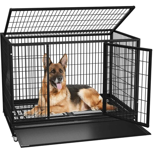 Dog Crate Cage Kennel for Large Dogs, High Anxiety Dog Crate with Removable Crate Trays, Wheels and Double Door