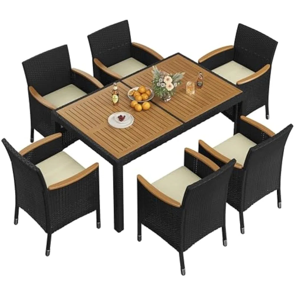 7 Piece Patio Furniture Set, Outdoor Dining Acacia Wood Table Top Rattan Conversation Set with Soft Cushions, 6 Chairs & 1 Tabl