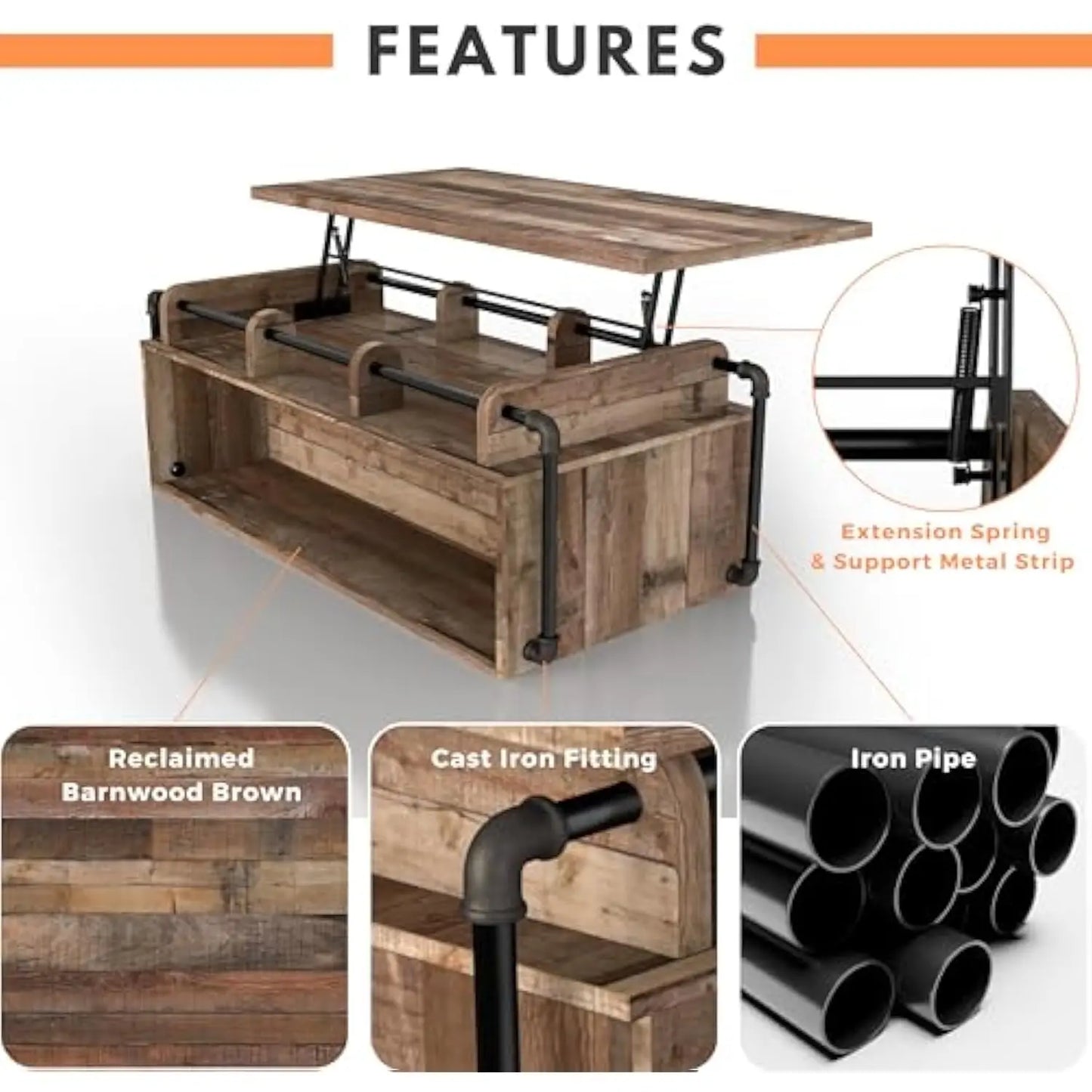 Galilhai 52 Wood Lift-Top Coffee Table with Storage, Industrial Rectangle Desk with Height-Adjustable Tabletop, for Small Spac