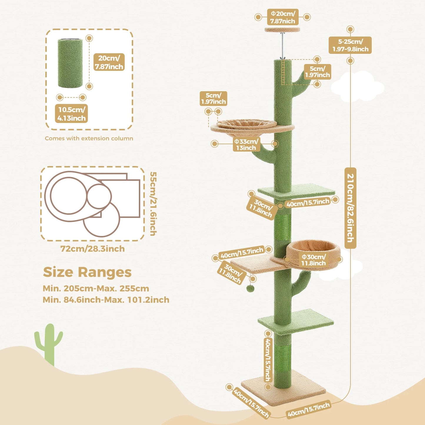 Adjustable Height Cactus Cat Tree for Indoor Cats Floor to Ceiling Cat Tower with Scratching Post Cozy Hammock Dangling Balls
